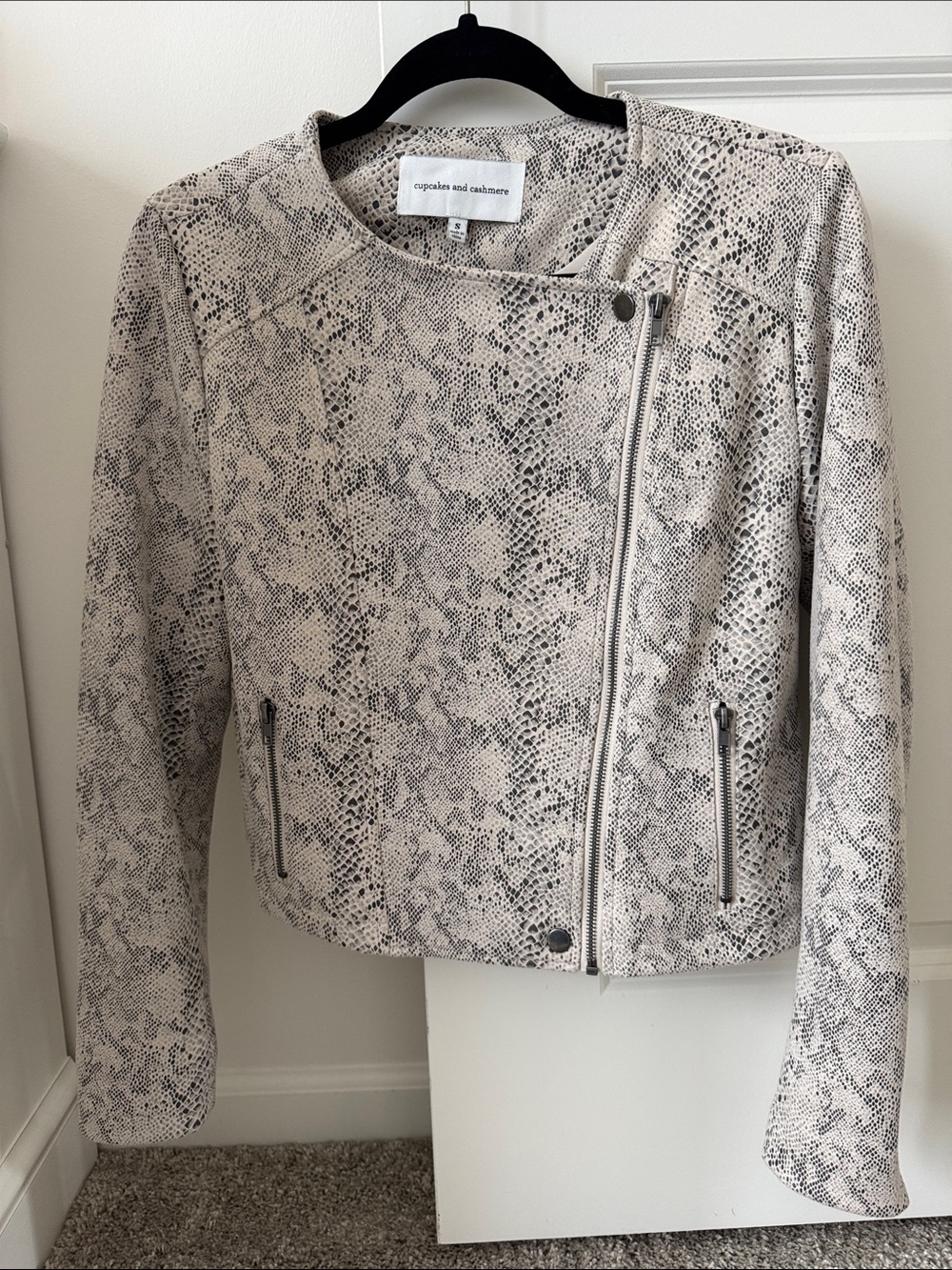 cupcakes & cashmere Snake-Print Faux Leather Moto Jacket in Beige and Black